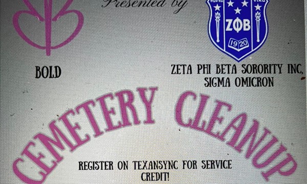 
  Cemetery Cleanup with Zeta Phi Beta
  Please join BOLD and Zeta Phi Beta in our efforts to clean up and restore headstones in our community. This event will not only provide a sense of culture and history to our ladies but will also serve as an opportunity to earn volunteer hours for those who need them.&nbsp;
  
    
      From Sunday, January 19, 2025 2:00 PM
      to 4:00 PM CST
      at Mt Olive Cemetery.
    
  
