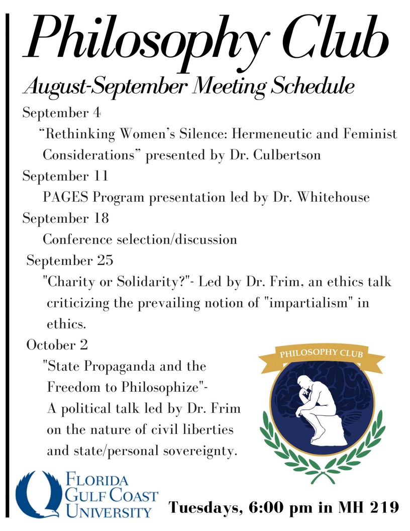 Philosophy Club weekly meeting schedule- September