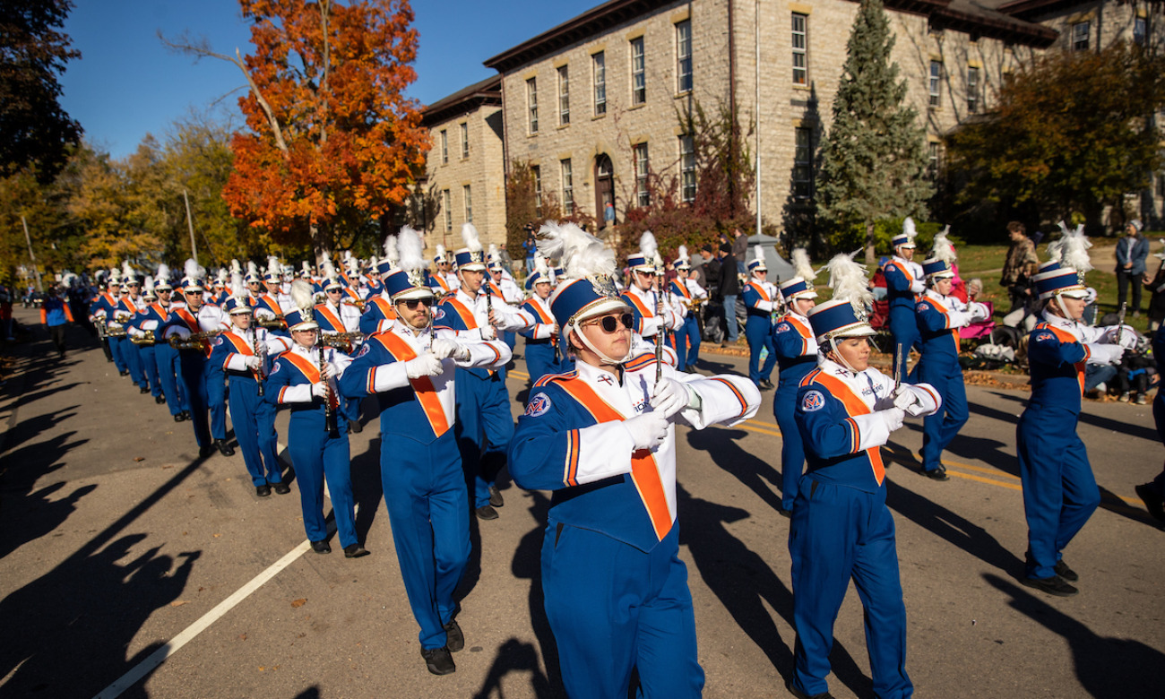 Marching Pioneers at the UW-Platteville Homecoming Parade