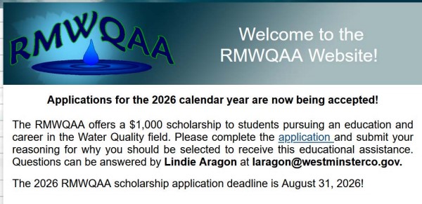 Scholarship Opportunity with Rocky Mountain Water Quality Analysts Association (RMWQAA) — Colorado Springs event