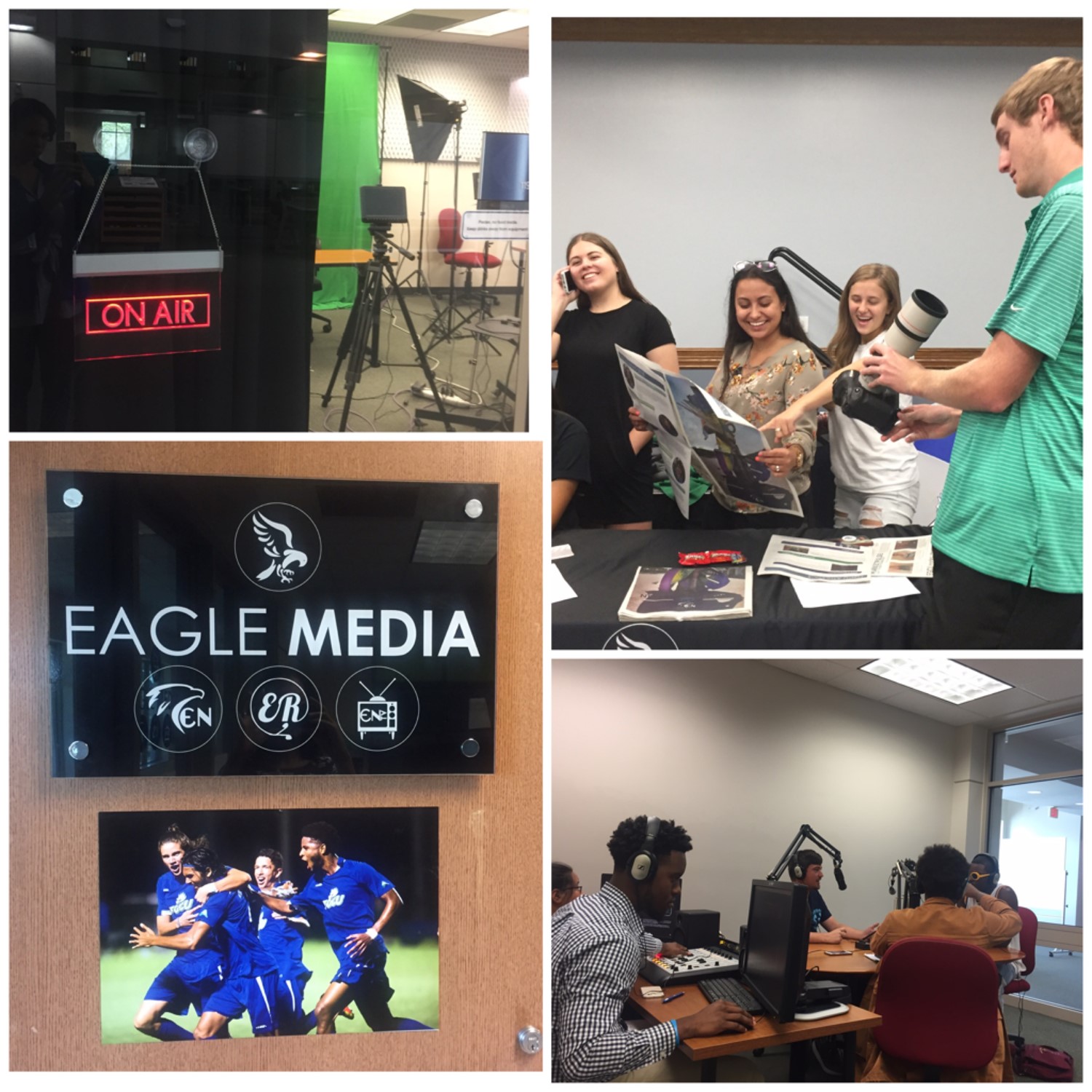 Counter-clockwise from top left: The Media Production Studio, the Eagle Media newsroom, students at resource fair, students in the studio.