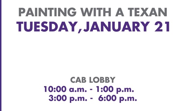 
  Painting with a Texan
  Join SES to paint your own Oscar P.&nbsp;
  
    
      From Tuesday, January 21, 2025 3:00 PM
      to 6:00 PM CST
      at CAB Lobby.
    
  
