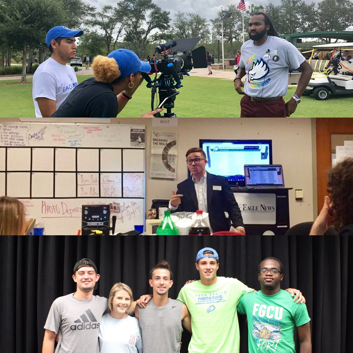 From top to bottom: ENTV staff filming event; Eagle News editor leading a workshop; and the hosts of "Outta Bounds" podcast posing with guest.