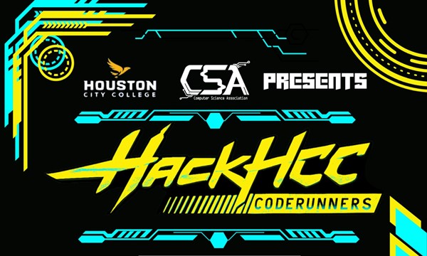 Promotional graphic for HackHCC: CodeRunners